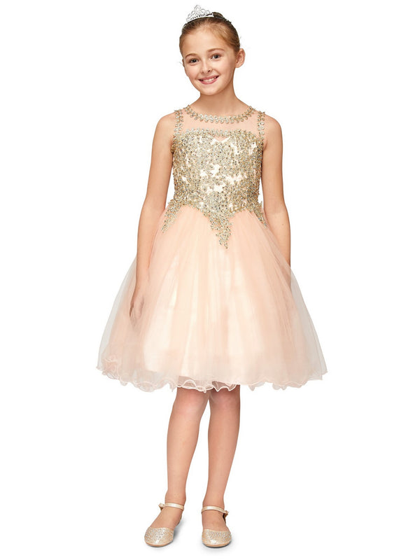 Girls Blush Gold Trim Wire Tulle Flower Girl Junior Bridesmaid Dress 4-20
